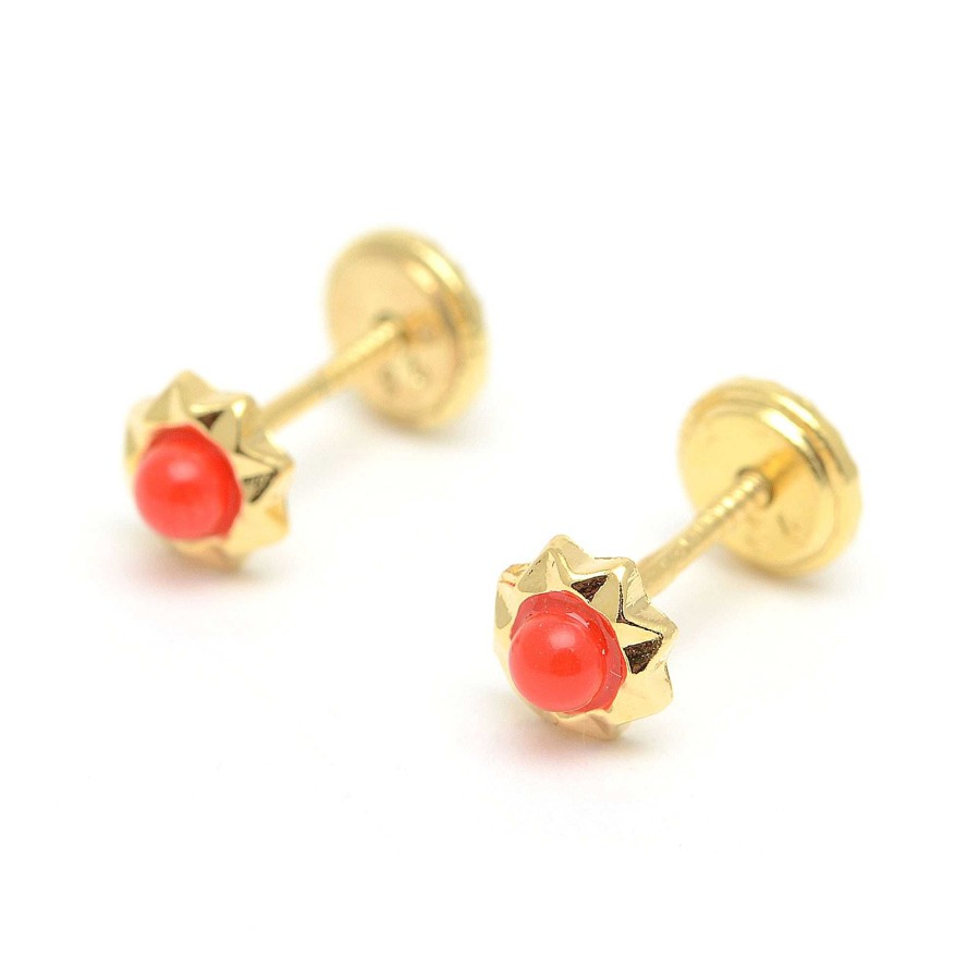 Beb Joyeria Antonio Cumplido | Pendientes Dorados Rosca Estrella Coral Rojo