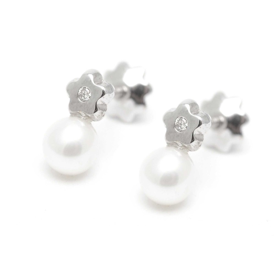 Beb Joyeria Antonio Cumplido | Pendientes Diamante Oro Blanco Flor Perla