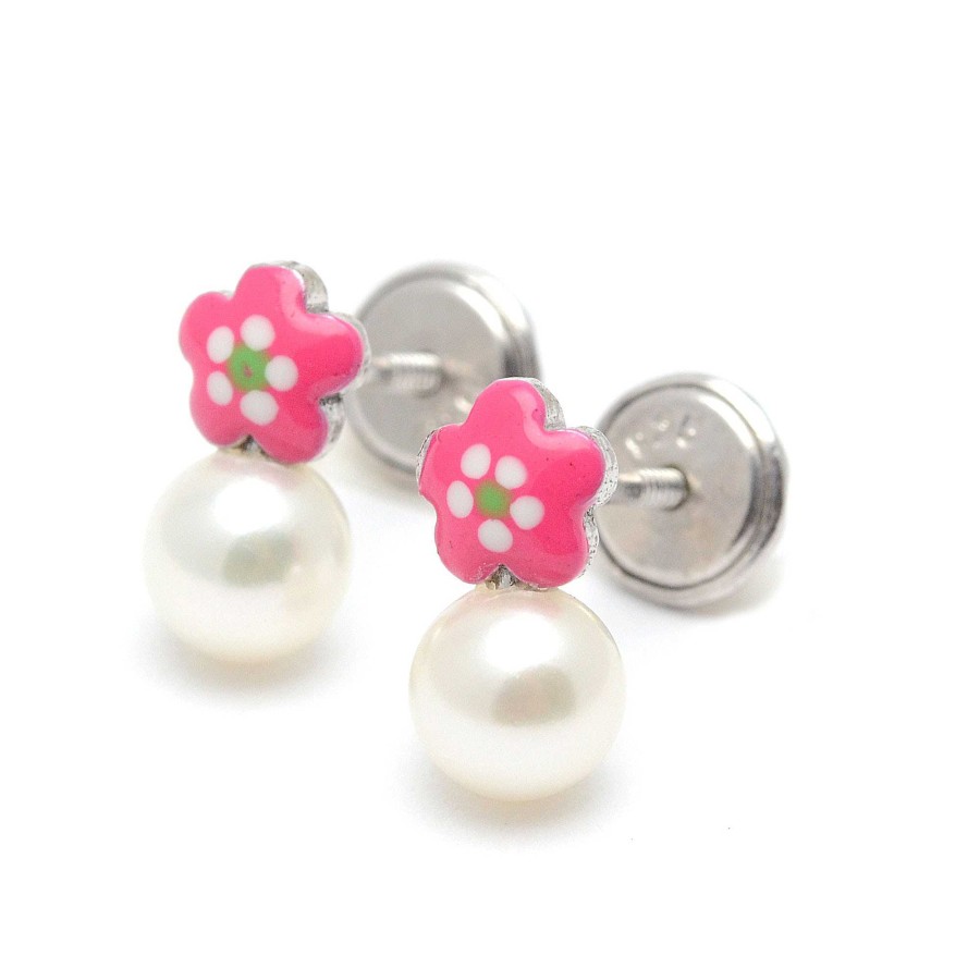 Beb Joyeria Antonio Cumplido | Pendientes Plata Perla Flor Fucsia