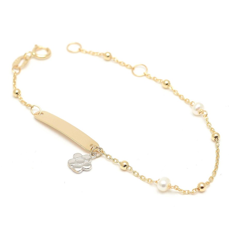 Beb Joyeria Antonio Cumplido | Pulsera Oro Beb Placa Nombre Flor Perlas