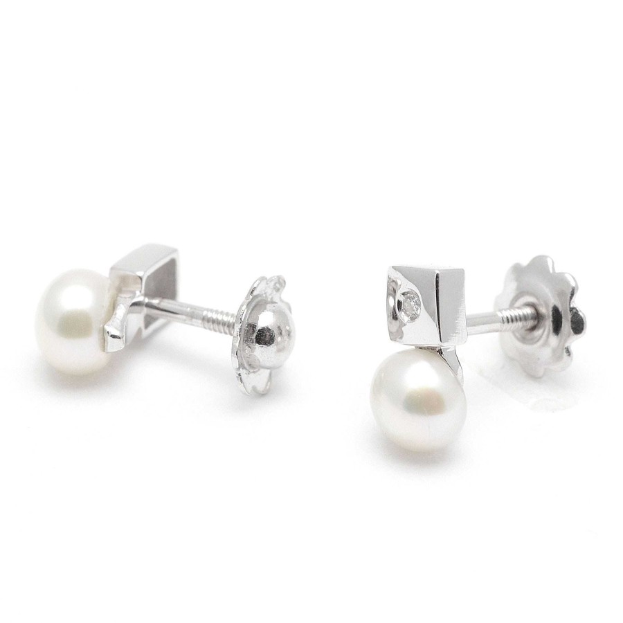 Beb Joyeria Antonio Cumplido | Pendientes Oro Blanco Diamantes Perlas Cuadrados